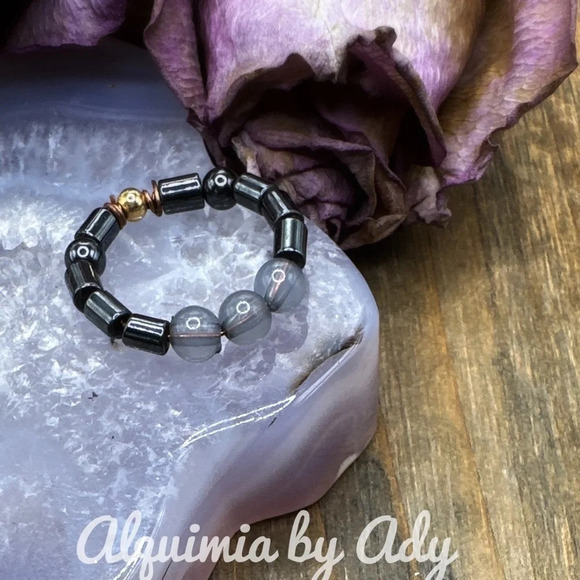 Fall Goth vibes Hematite and Labradorite beaded gem ring/handmade bohemian - Picture 1 of 7